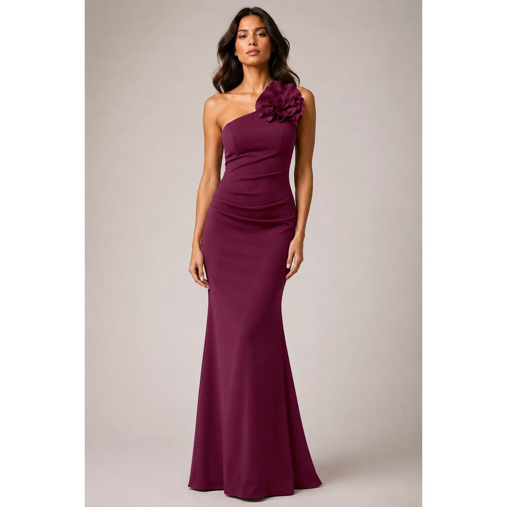 NEW BETSY & ADAM Scuba Long Formal Dress 6 One Shoulder Flower Purple Prom Maxi